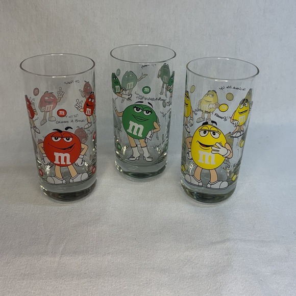 M & M Other - M&M Drinking Glasses Mars Green Yellow Red Retro Vintage Candy - Lot Of 3